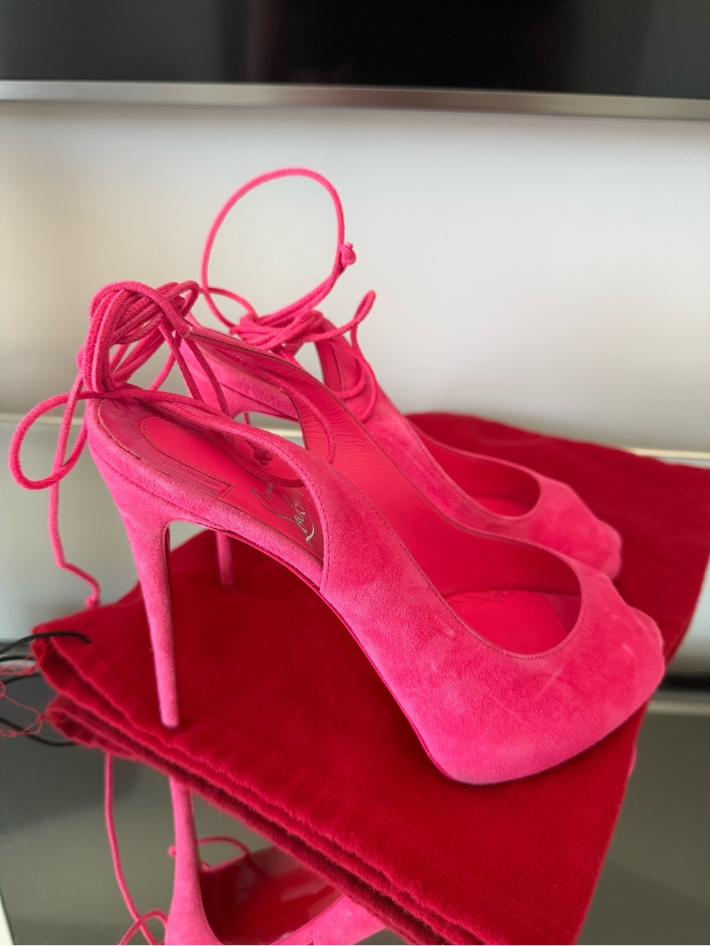 Christian Louboutin Hot Pink Suede Peep-Toe Lace-Up Heels - Picture 5 of 5
